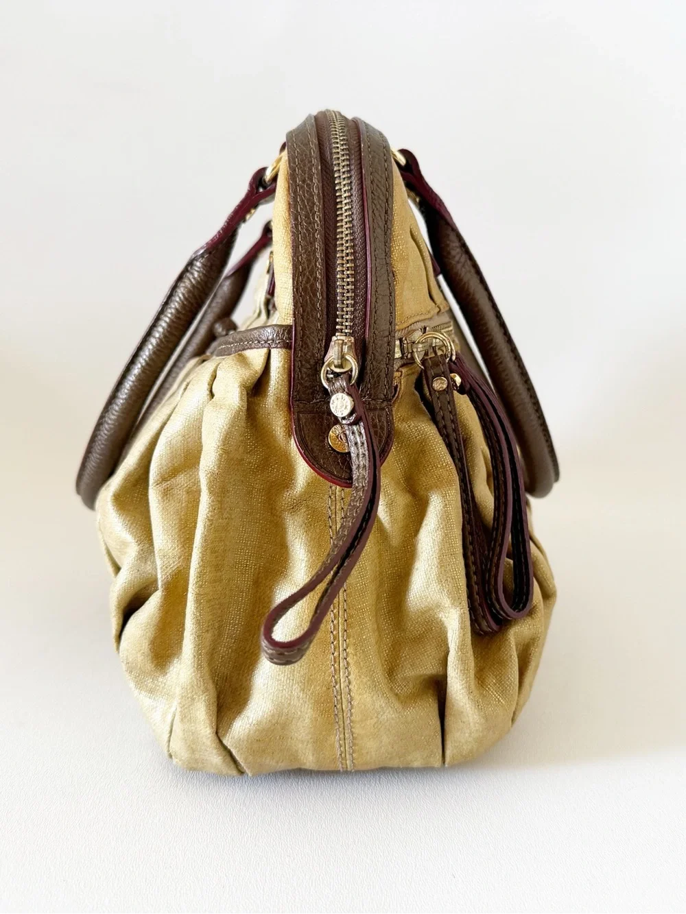 MZ Wallace Bag Bedford Bea Leather Pleated Canvas Satchel Metallic Gold - Picture 7 of 16